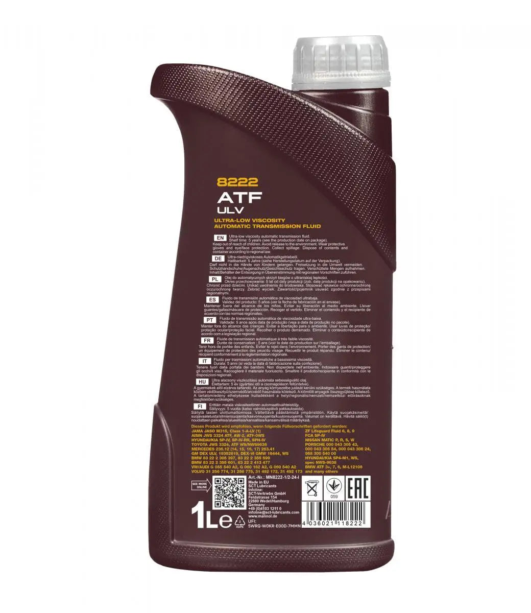 MANNOL 8222 ATF ULV Ultra-Low Viscosity Fully Synthetic Automatic Transmission Fluid| Imported from Germany
