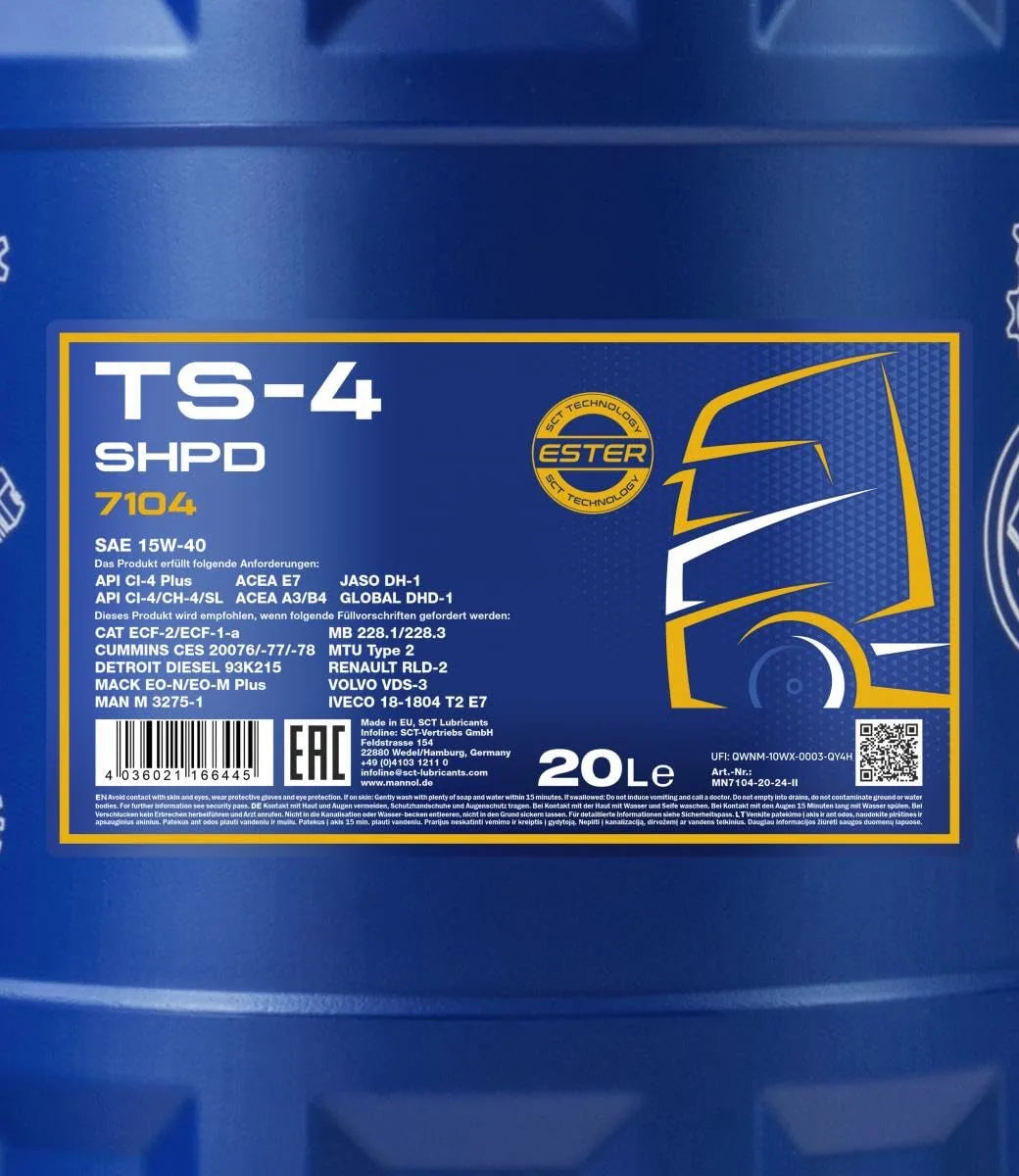 MANNOL 7104 TS-4 SHPD 15W-40 CI-4 Plus Mineral-Synthetic Diesel Engine Oil for Optimal Performance| Imported from Germany