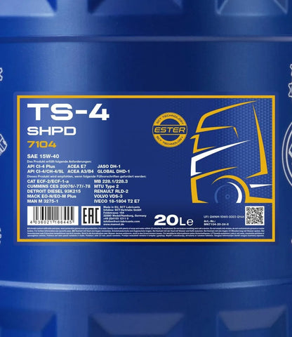 MANNOL 7104 TS-4 SHPD 15W-40 CI-4 Plus Mineral-Synthetic Diesel Engine Oil for Optimal Performance| Imported from Germany