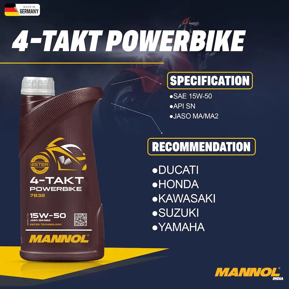 MANNOL 7832 4-Takt Powerbike 15W-50 Synthetic Ester Motorcycle Engine Oil| Imported from Germany