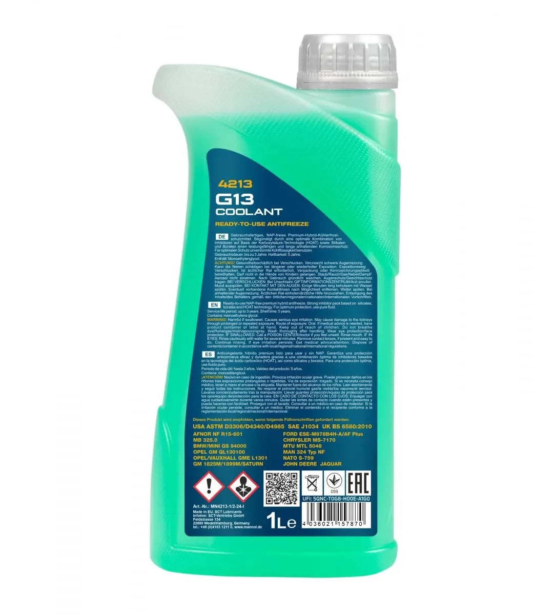 MANNOL 4213 G13 Coolant High-Tech Hybrid Ready-to-Use Antifreeze for Optimal Engine Protection | Imported from Germany