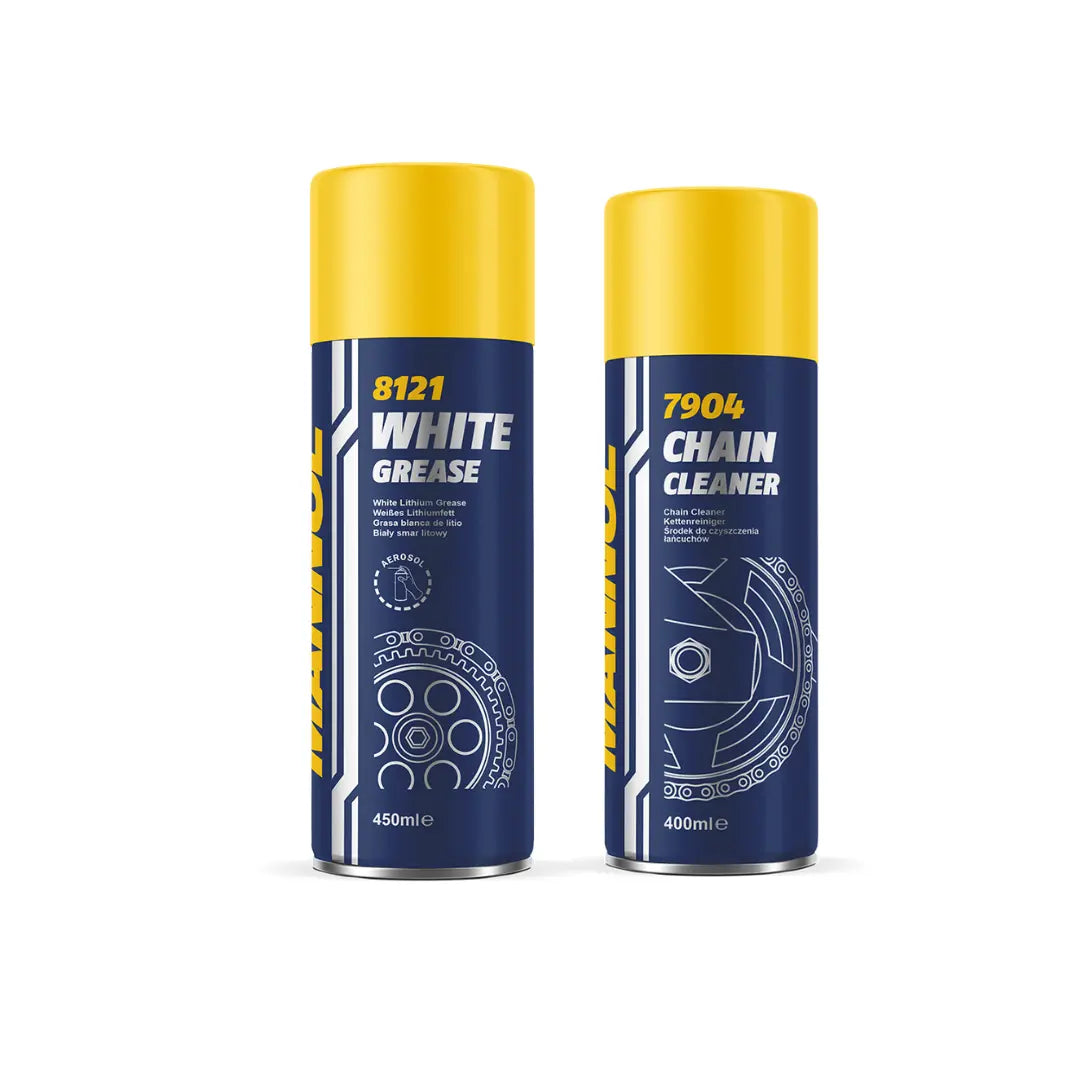 MANNOL 7904 Chain Cleaner & 8121 White Grease Spray Combo Pack | Imported from Germany